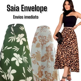 saia envelope plus size feminino, traspassada,forrado,longa,não amassa ,liso, estampado flores ,onça,preto,zig zag