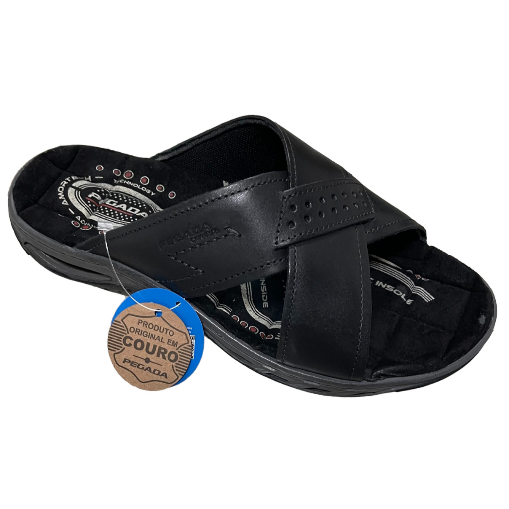 chinelo masculino Pegada couro tipo ortopédico com amortecedor