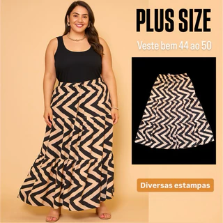 Saia longa 3 marias feminina plus size babado soltinha lisa zigzag floral estilosa igreja culto