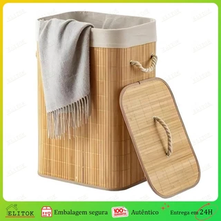 Cesto de Roupa Suja Bambu Grande 72 Litros Com Tampa Alças Dobrável Forrado Organizador Banheiro Lavanderia