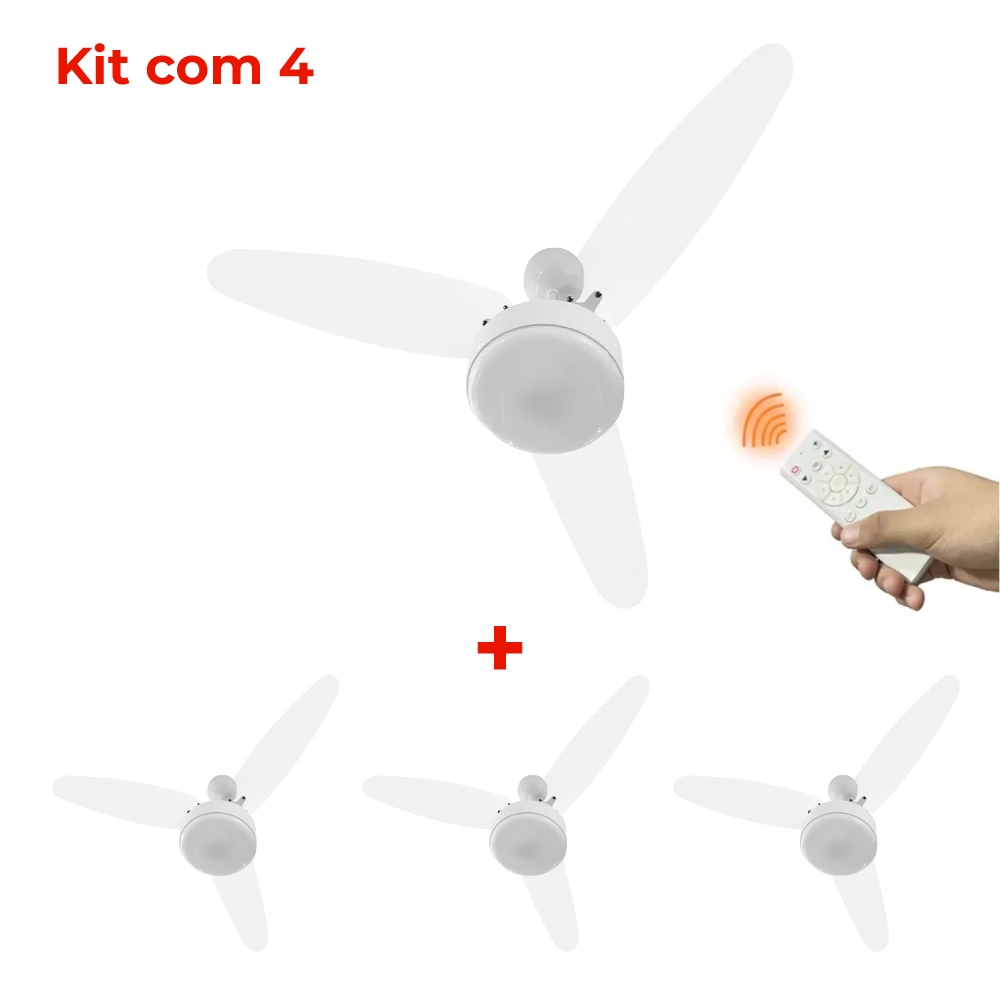 KIT 4 Ventiladores de Teto Cristal Inverter Luminária Led + Controle