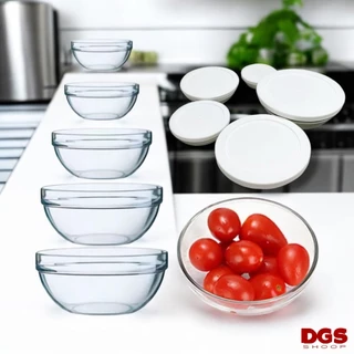 Wellmix Kit Conjunto 5 Potes Bowls De Vidro Resistente Redondo Com Tampa Branca Fechamento Completo Organizador Comida