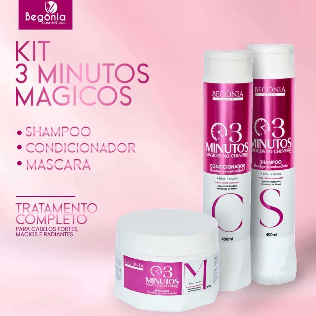 Kit 3 Minutos Mágicos Shampoo + Condicionador + Máscara Begônia