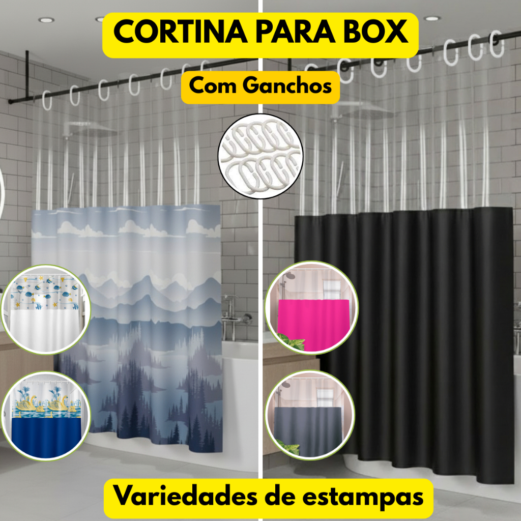 Cortina Box De Banheiro Com Visor Estampadas Lisas Com Ganchos