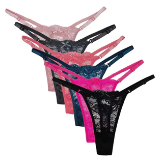 Kit 5 Calcinhas Feminina Fio Dental Sensual de Renda com Regulagem Lingerie Tanga Sexy
