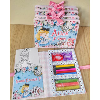 Lembrancinha Alice no País das Maravilhas - Kit Diversão com massinha de modelar e desenhos para colorir 10 unidades
