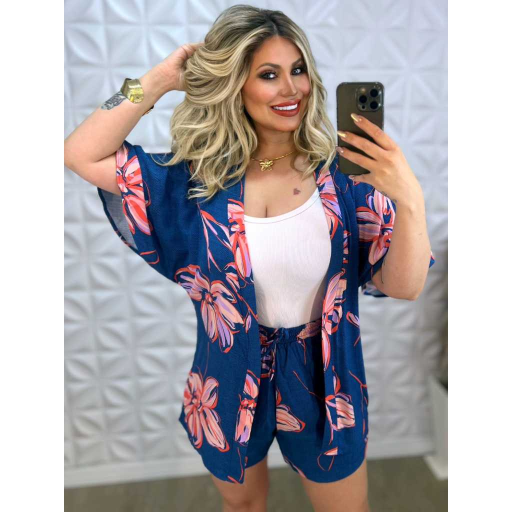 Conjunto Kimono Feminino Estampado em Viscolinho – Short e Blusa ...