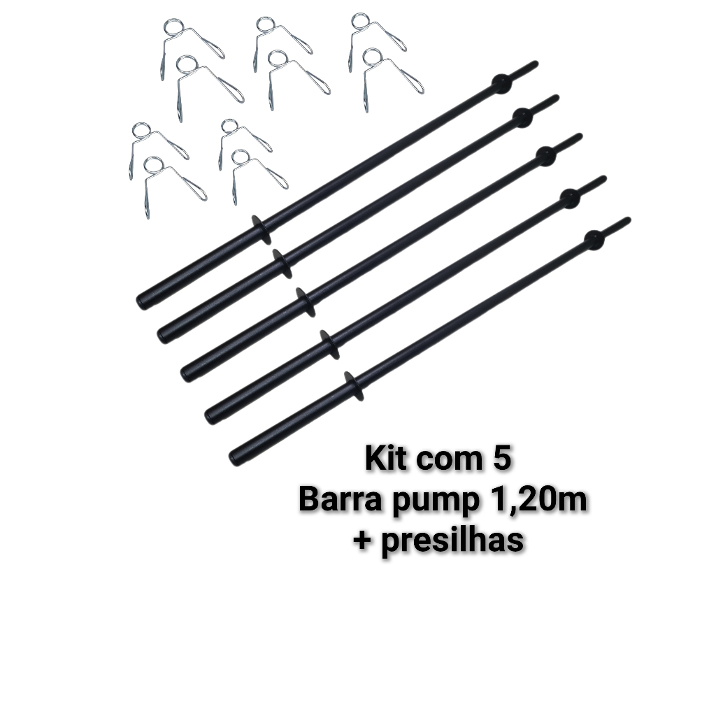 Kit 5 barras reta body pump 1,20m + 5 pares presilhas reforçadas ...
