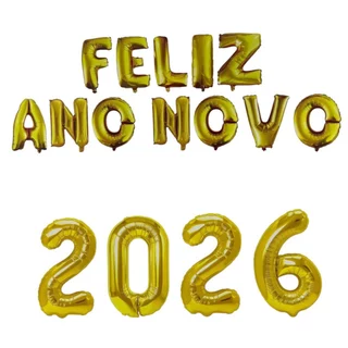 Balão Metalizado De Decoração Feliz Ano Novo 2026 Prata e Dourado 40Cm