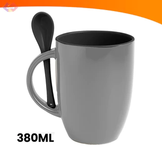 Caneca 380ML De Cerâmica Resinada Cinza Alta Qualidade Com Colher Café Chás Bebidas