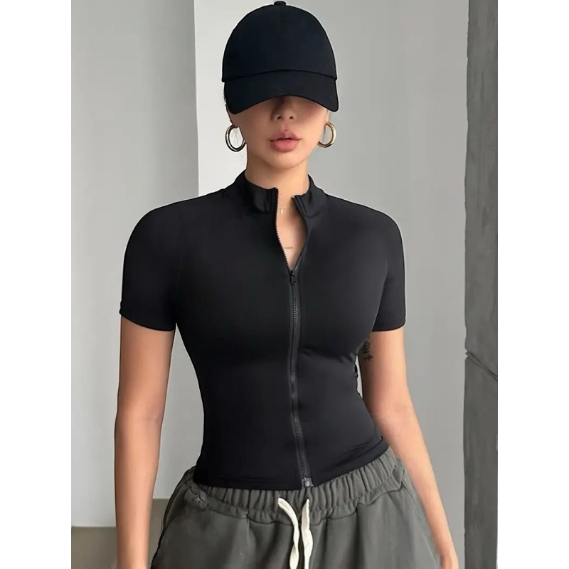 camisa camiseta feminina manga curta zíper estilosa moda blogueira treino passeio leve