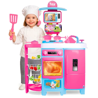 Cozinha Infantil Toy Chef Com Bancada, Panelas e Frutas – Brinquedo Faz de Conta Samba Toys