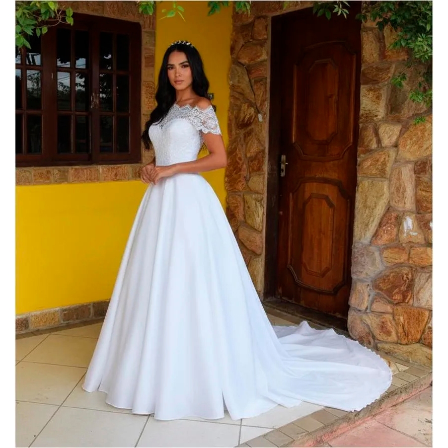 Vestido De Noiva Casamento Ombro A Ombro Decote Canoa Com Cauda