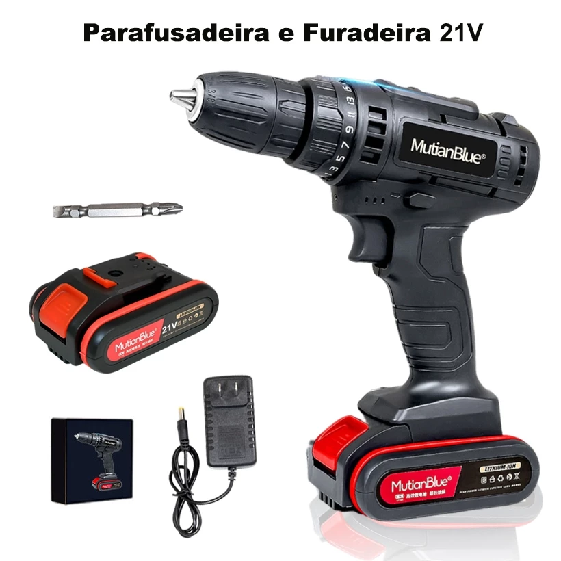 Furadeira Parafusadeira 21v Baterias Em Caixae De Papelão e Acessórios