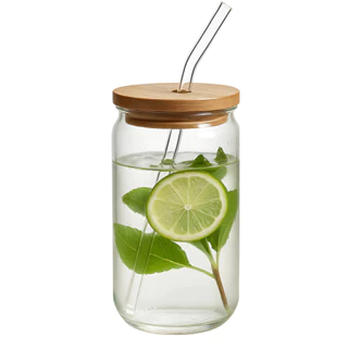 Copo Lata Drink Com Tampa Bambu 500ml Suco Canudo Em Vidro