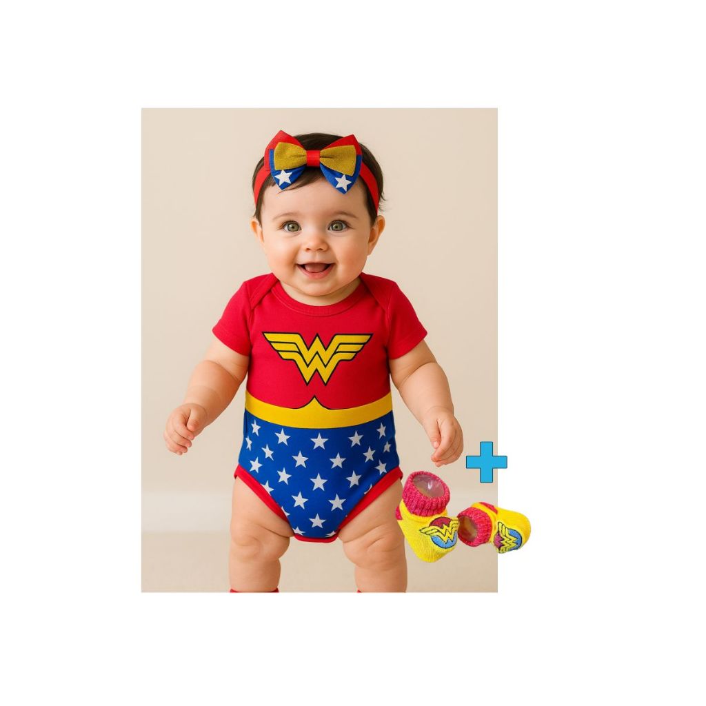 Body Mesversário Menina Mulher Maravilha Bebe Com Meia e Faixa Laço ...