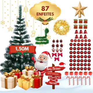 Árvore de Natal Pinheiro Verde e Nevada 1,50m com 200 Galhos Cheios Com Enfeites Decoração Natalina