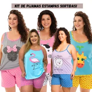 Baby Doll Plus Size Kit com 3 Pijamas de Alcinha ou Regata (48/50/52/54/56) em Malha cores sortidas em Oferta na Shopee