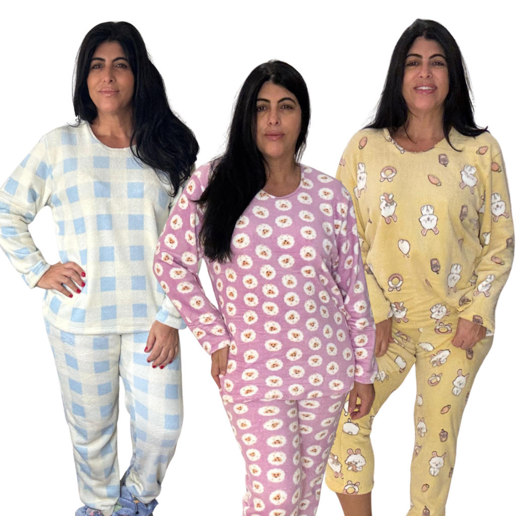 PIJAMA CONJUNTO FEMININO LONGO ALGODÃO SOFT INEVERNO PELUDO FLEECE ...