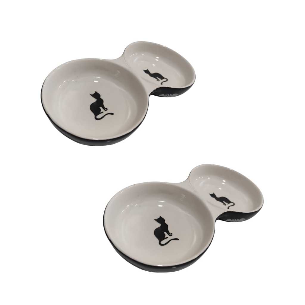 Comedouro porcelana dupla gato - preta e branco