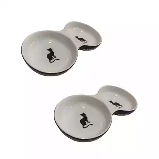 Comedouro porcelana dupla gato - preta e branco