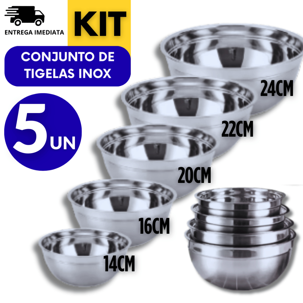 Jogo de 5 Tigelas Em Aço Inox Casa Cozinha Restaurante Bolos