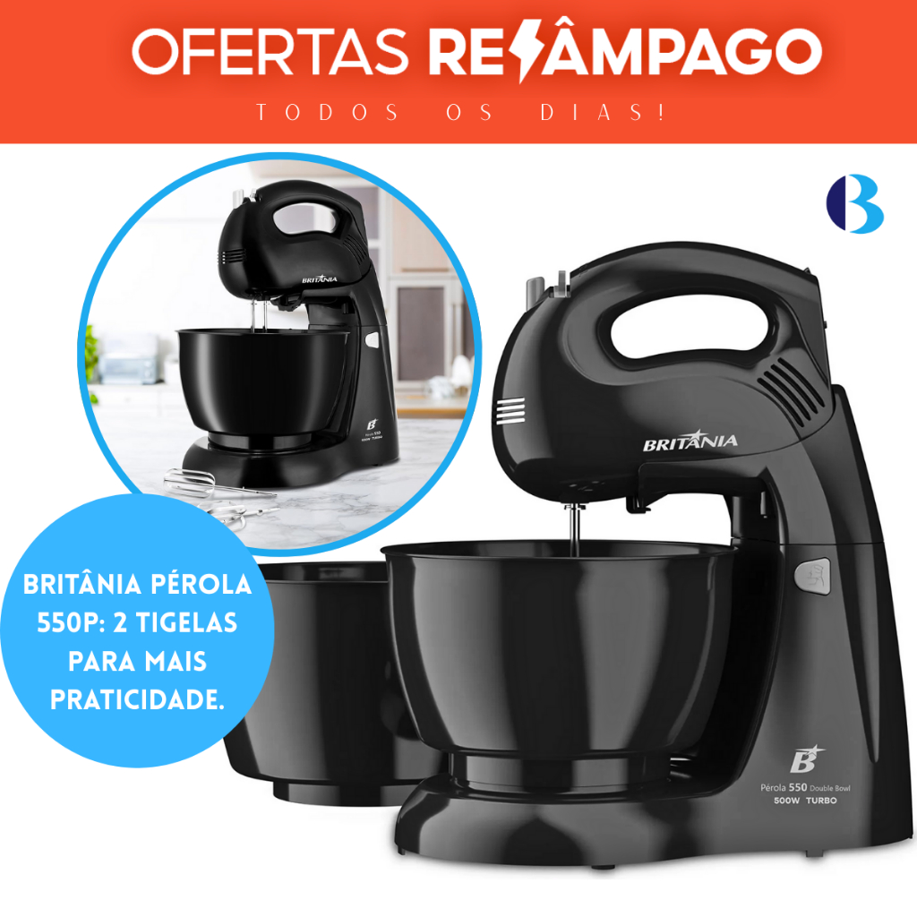 Batedeira Britânia Pérola 550 Double Bowl Preta 2 Tigelas 50