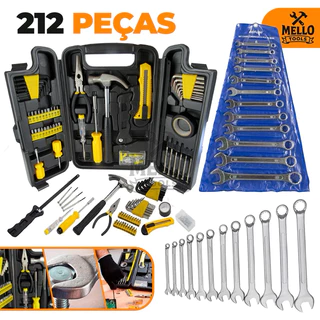 Kit Jogo de Ferramentas 212 Peças com Maleta Completa + Kit 12 Chave Combinada