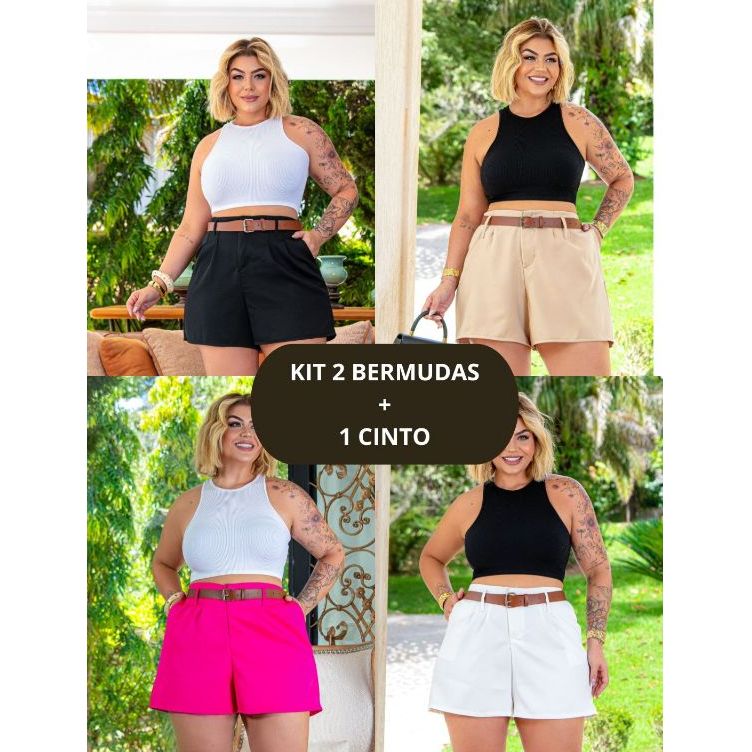 Kit 2 Bermudas Feminina Alfaiataria Plus Size Cintura Alta Com Zíper E ...