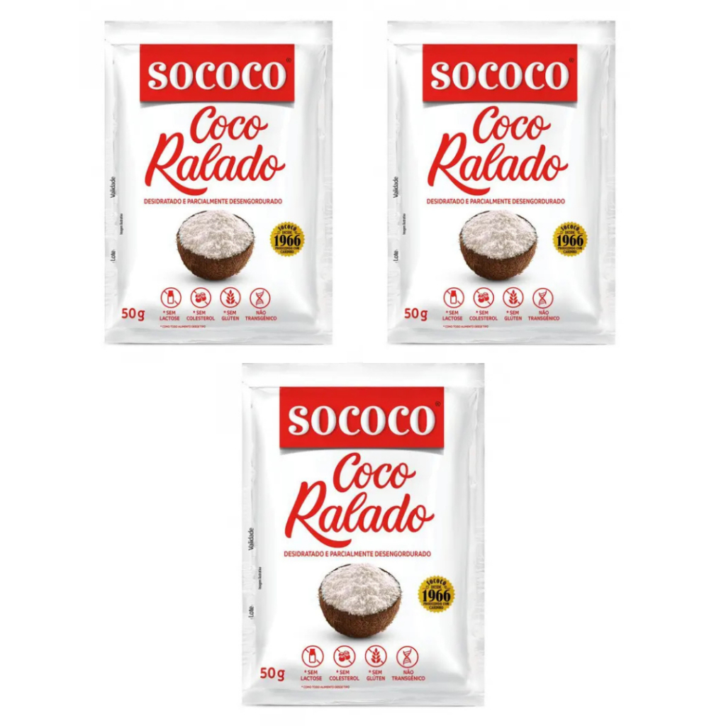 Kit 3 Unid. Coco Ralado Sococo Pacote com 50g | Shopee Brasil