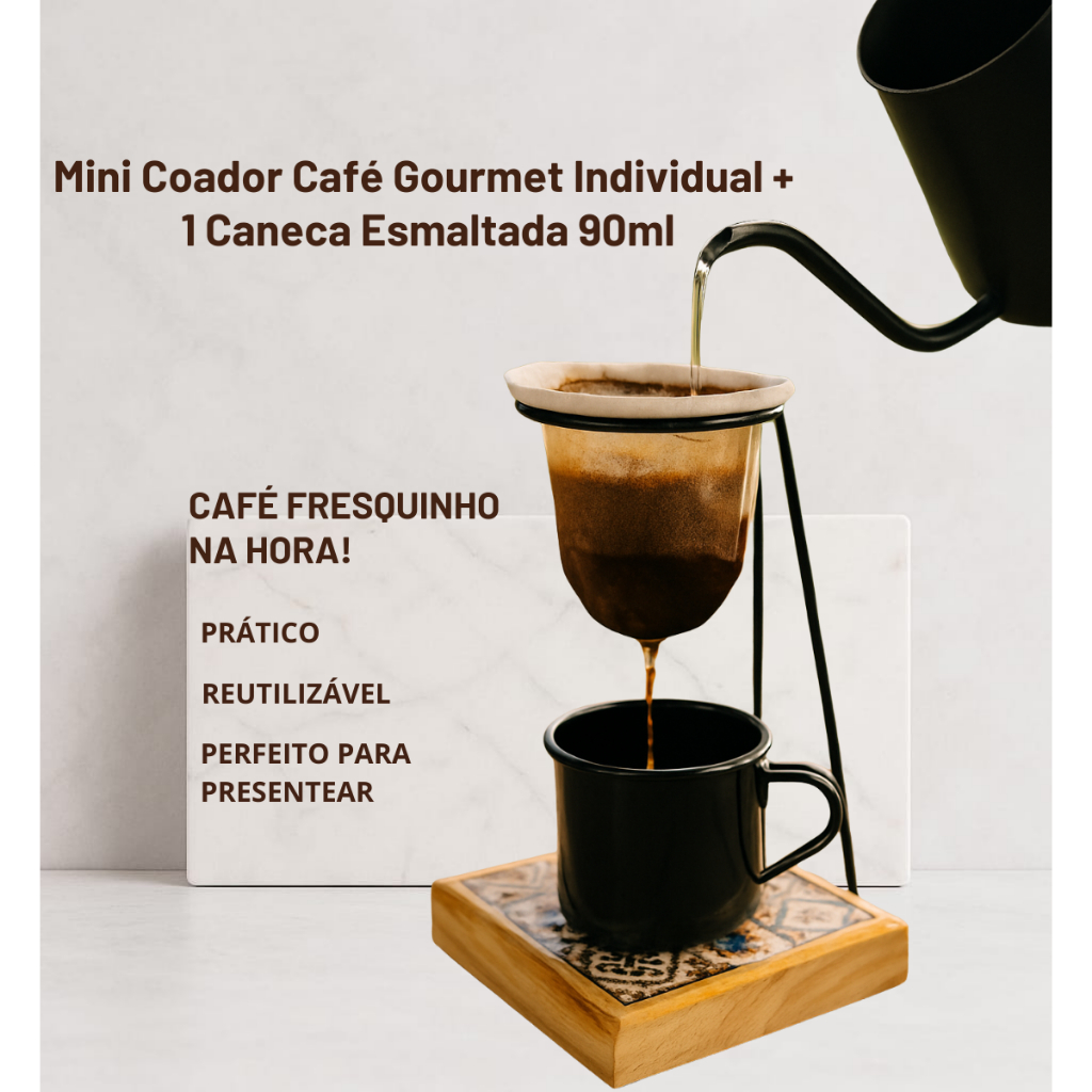 Mini Coador Café Gourmet Individual + 1 Caneca Esmaltada 90ml Com Base ...