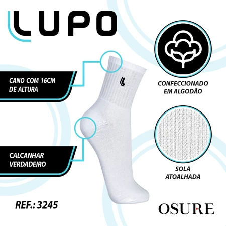 Infográfico detalhando as características técnicas da meia Lupo branca como cano de 16cm e sola atoalhada