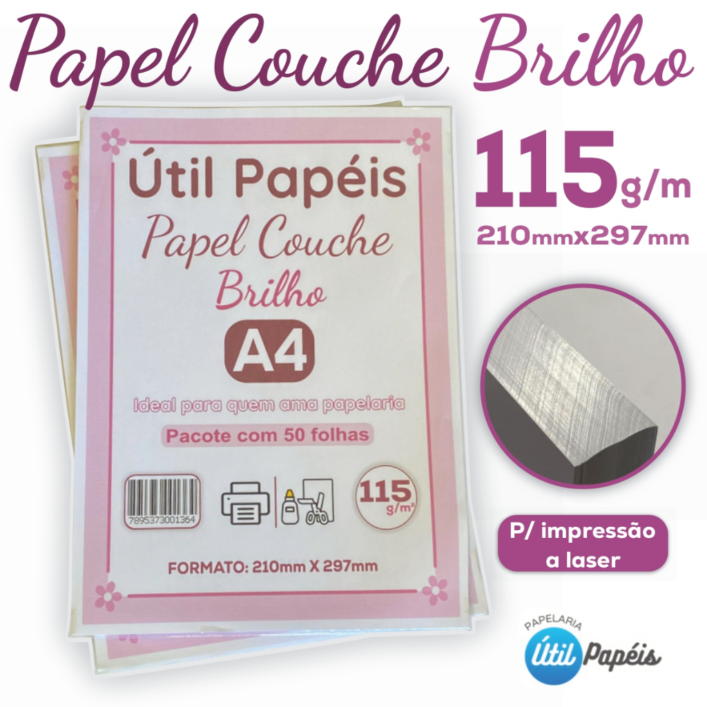 Papel Couche Brilho 115g A4 - Pacote com 100 folhas Branco Liso Brilho ...