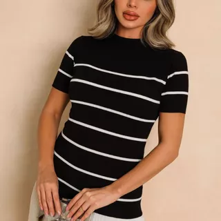 Blusa Feminina Listrada Tricot Modal – Manga Curta Canelada e Gola Redonda RS Malhas