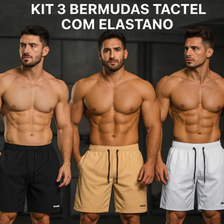 Kit 3 Bermudas Tactel com Elastano RUN Masculinas Plus Size M ao G3– Praia e Academia