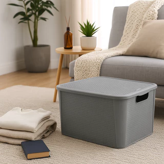 1 Organizador Rattan 42L Cinza Multiuso com Tampa P2076 em Oferta na Shopee