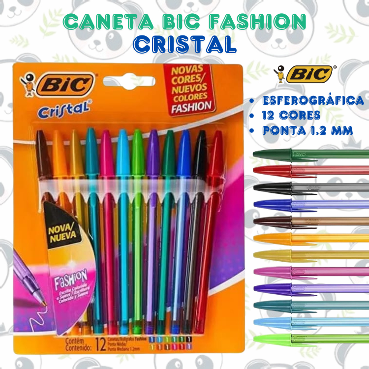 Caneta Esferográfica Kit com 12 Cores Cristal Fashion Ponta Média