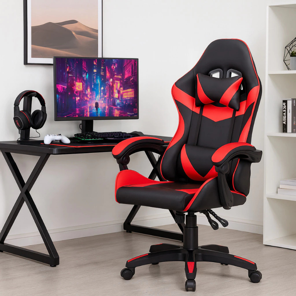 Cadeira Gamer Ergonômica Premium Reclinável Vermelha para Escritório com Rodinhas