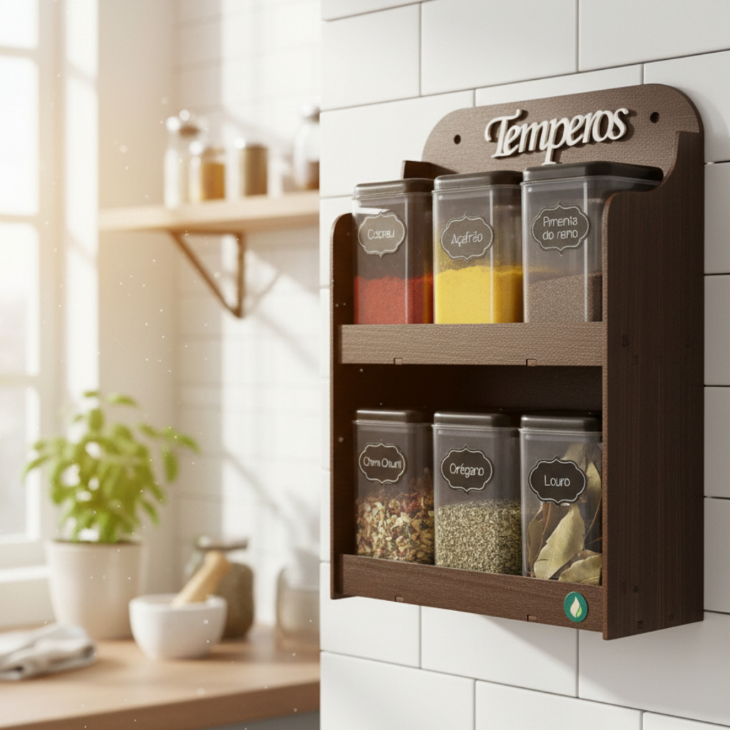 Porta Temperos 6 Potes Mesa Parede em Mdf Pintado Pote tempero Condimentos Mantimentos Original