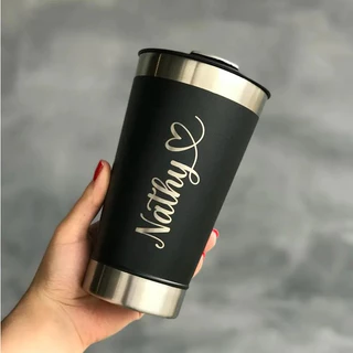 Copo Térmico Inox Personalizado a Laser 473ml com Tampa e Abridor | Nome Logo Time Curso Presente