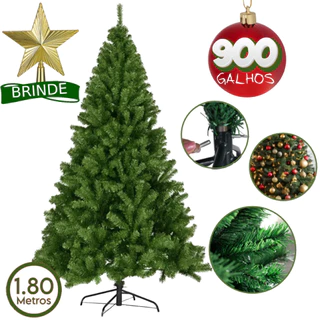 Arvore De Natal Prinheiro Luxo 1,80m Verde 900 Galhos Cheia Tradicional Pé De Ferro Decoração Natalina + Brinde