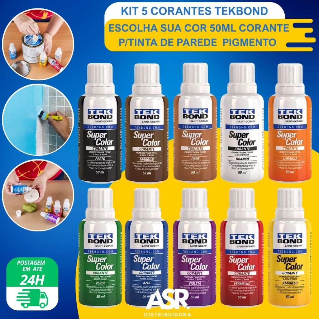 Kit 5 Corantes Liquido Tekbond 50ml Preto Branco Diversas Cores Tinta ...