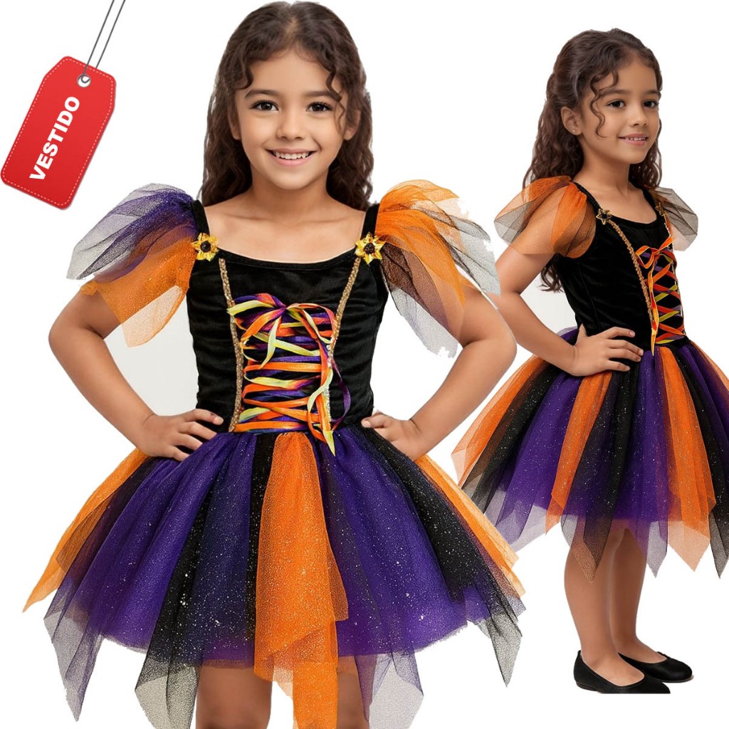 Fantasia Bruxa Infantil Colorida Menina Luxo Fantasia Brilho Bruxinha ...