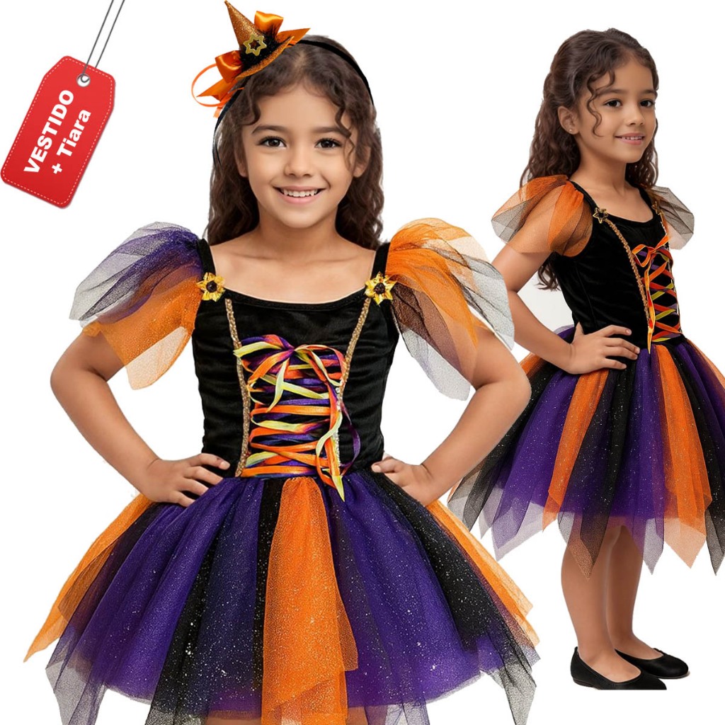 Fantasia Bruxa Infantil Colorida Luxo Brilho Bruxinha Halloween ...