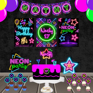 Kit Festa Tema Neon – Personalizado para Só um Bolinho, Mesversário ou Festa em Casa