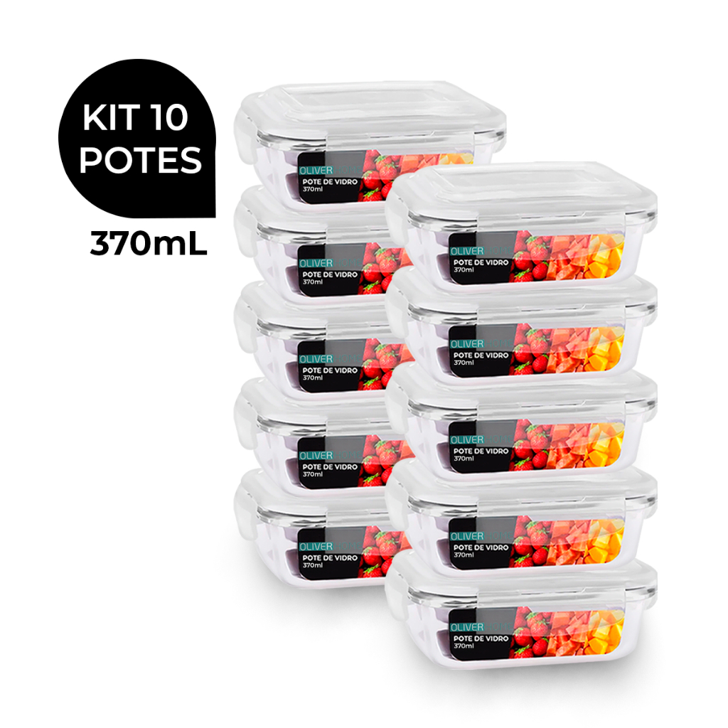Kit 10 Potes de Vidro 370ml Hermético Marmita Fit com Tampa 4 Travas | Shopee Brasil