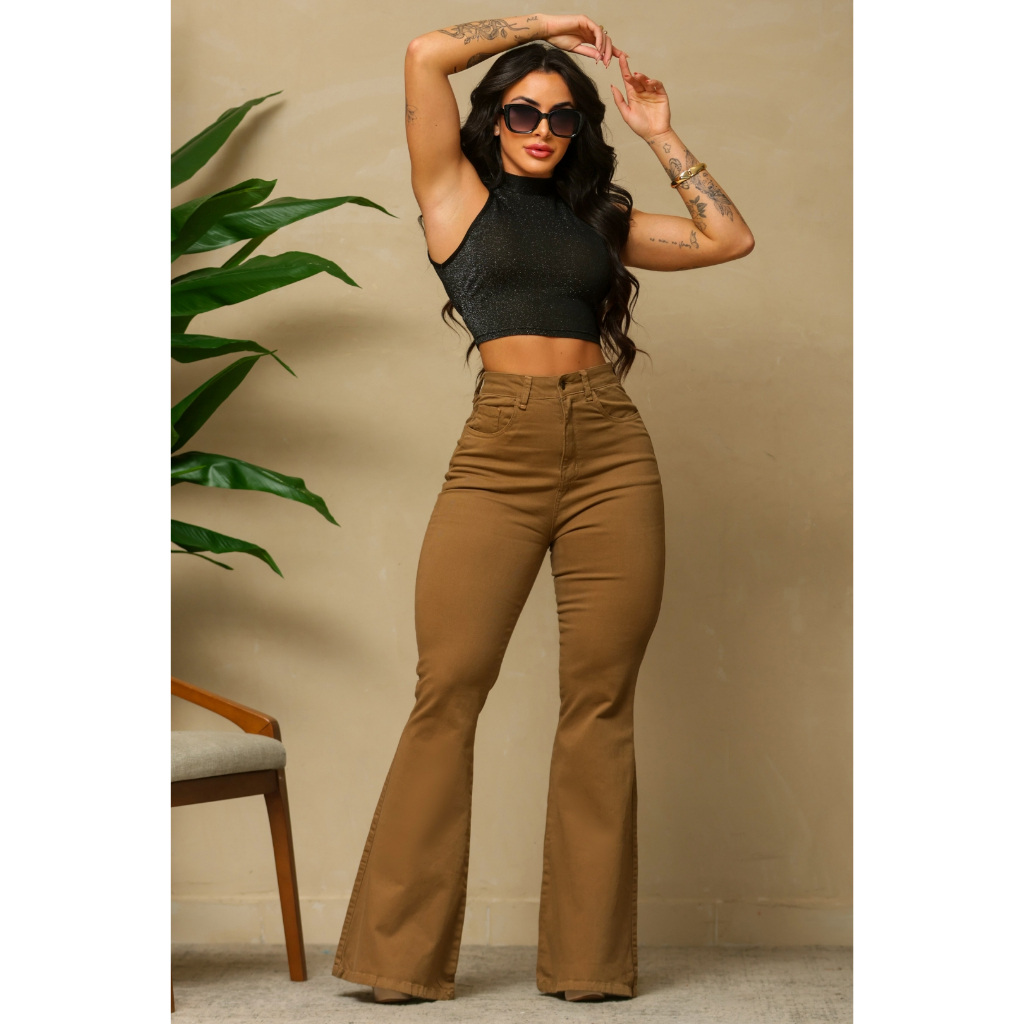 Calça Flare Amanda Sarja Color Feminino - 013.02.0602 | Shopee Brasil