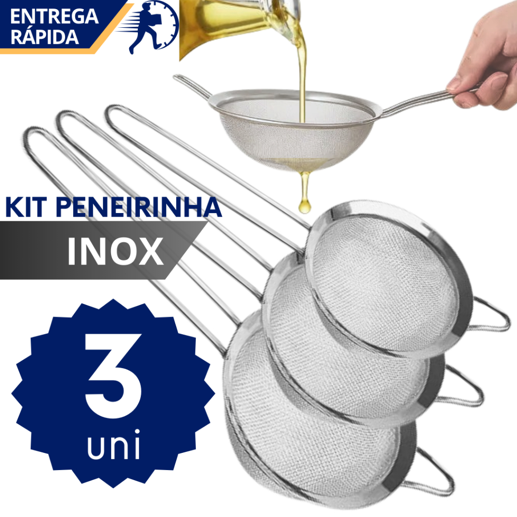 Kit Peneira Inox Malha Fina 8cm 10cm 12cm Coador Coar Escorr