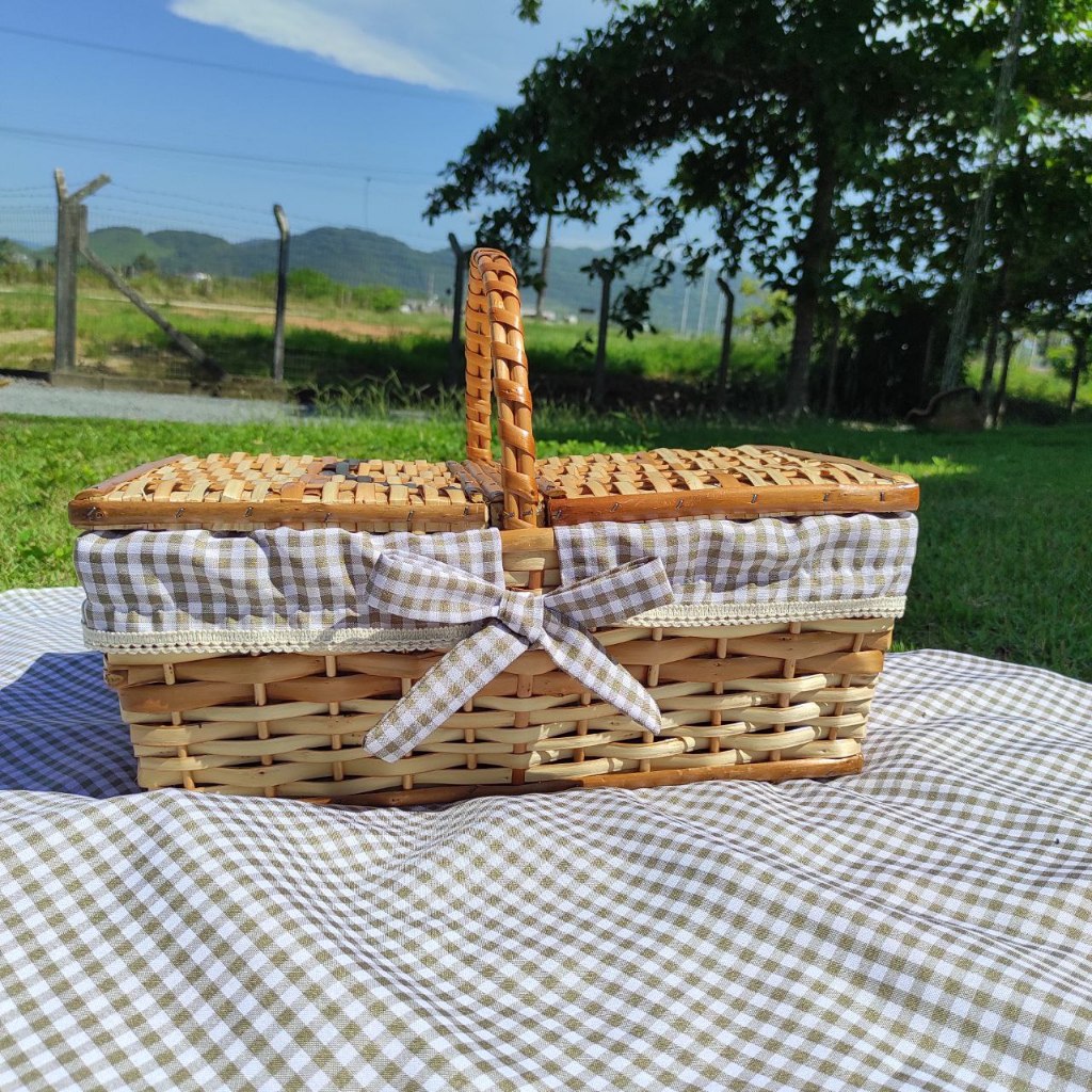 Kit Cesta Piquenique de Vime C/ Forro + Toalha Xadrez Bege | Shopee Brasil
