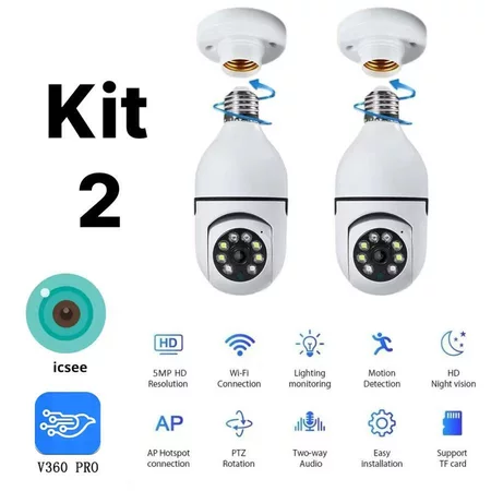 Kit 2 Câmera Segurança Prova D'água Infravermelho Lâmpada Externa 360 Sem Fio Wifi 2.4G-App V360 Pro